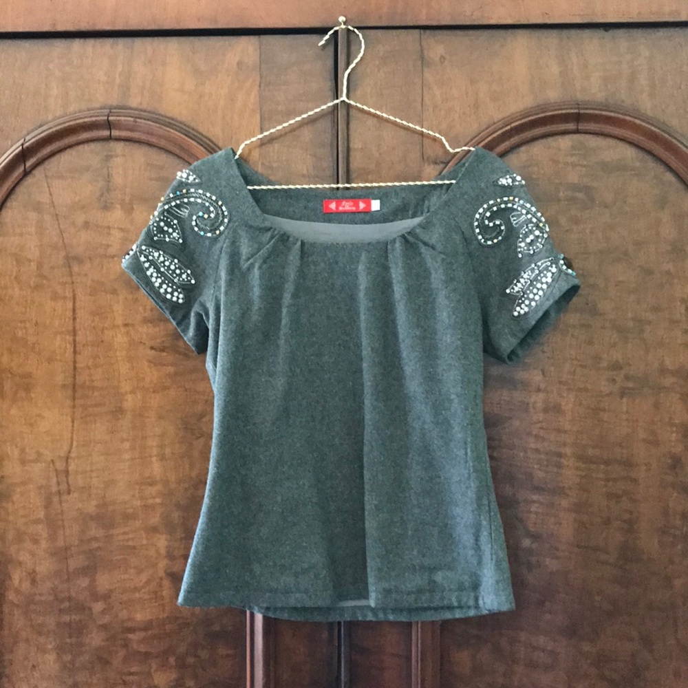 French Free for Humanity Grey Flannel Beaded Top